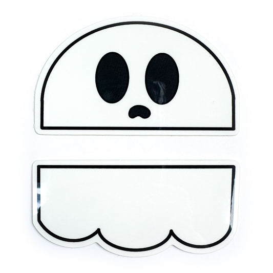 Two stickers that come together to form an illustration of a cute ghost with big eyes and a little frown mouth.