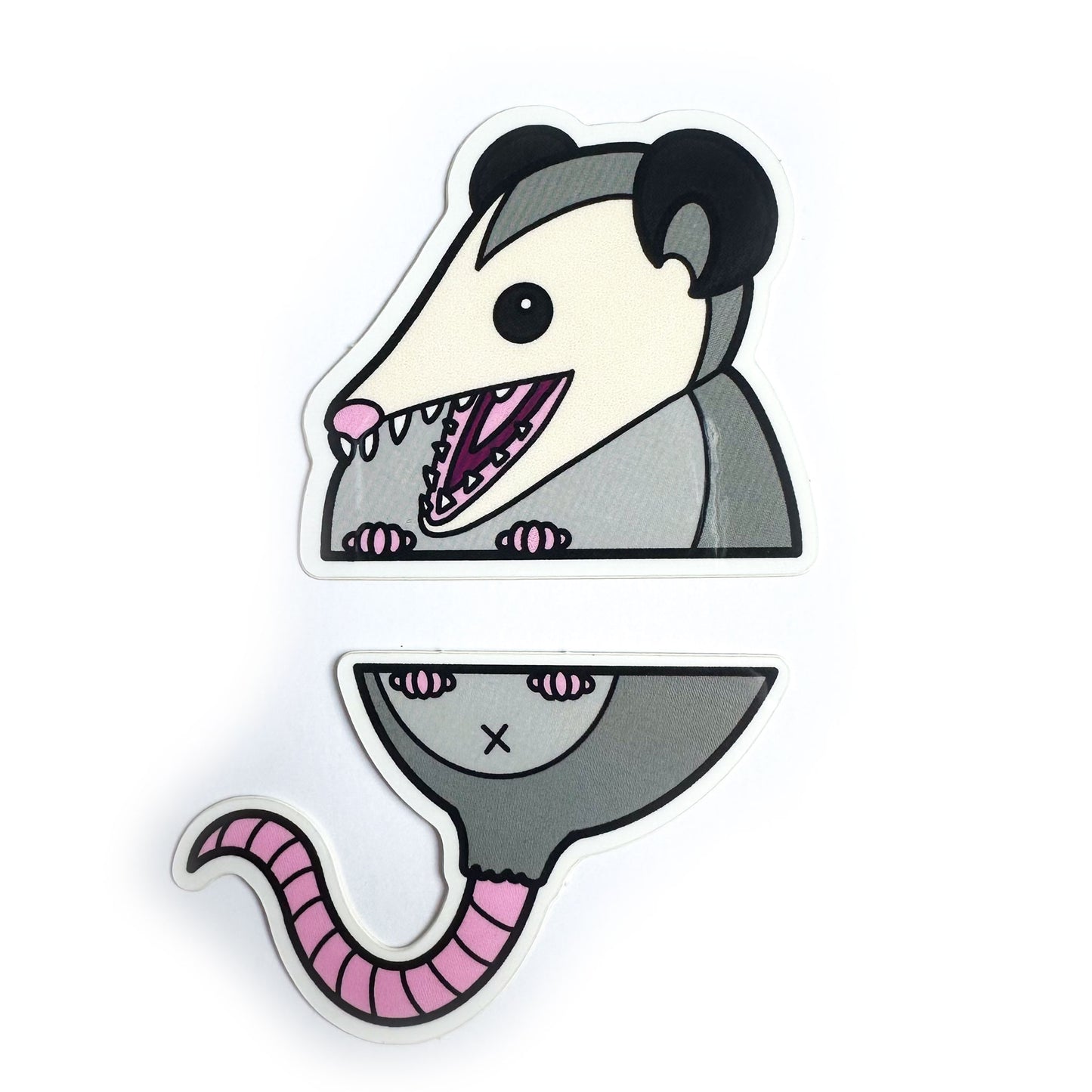 Two stickers that come together to form the top and bottom half of an opossum. The opossum is illustrated in a cartoony style with black lines and block colors. 