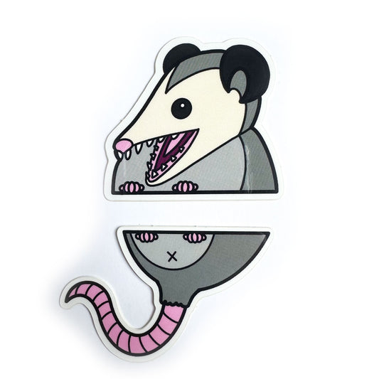 Two stickers that come together to form the top and bottom half of an opossum. The opossum is illustrated in a cartoony style with black lines and block colors.