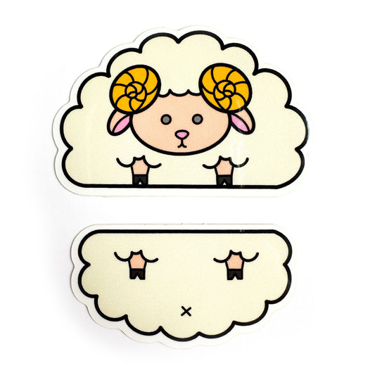 Two stickers that come together to form a cute illustration of a sheep with round horns.
