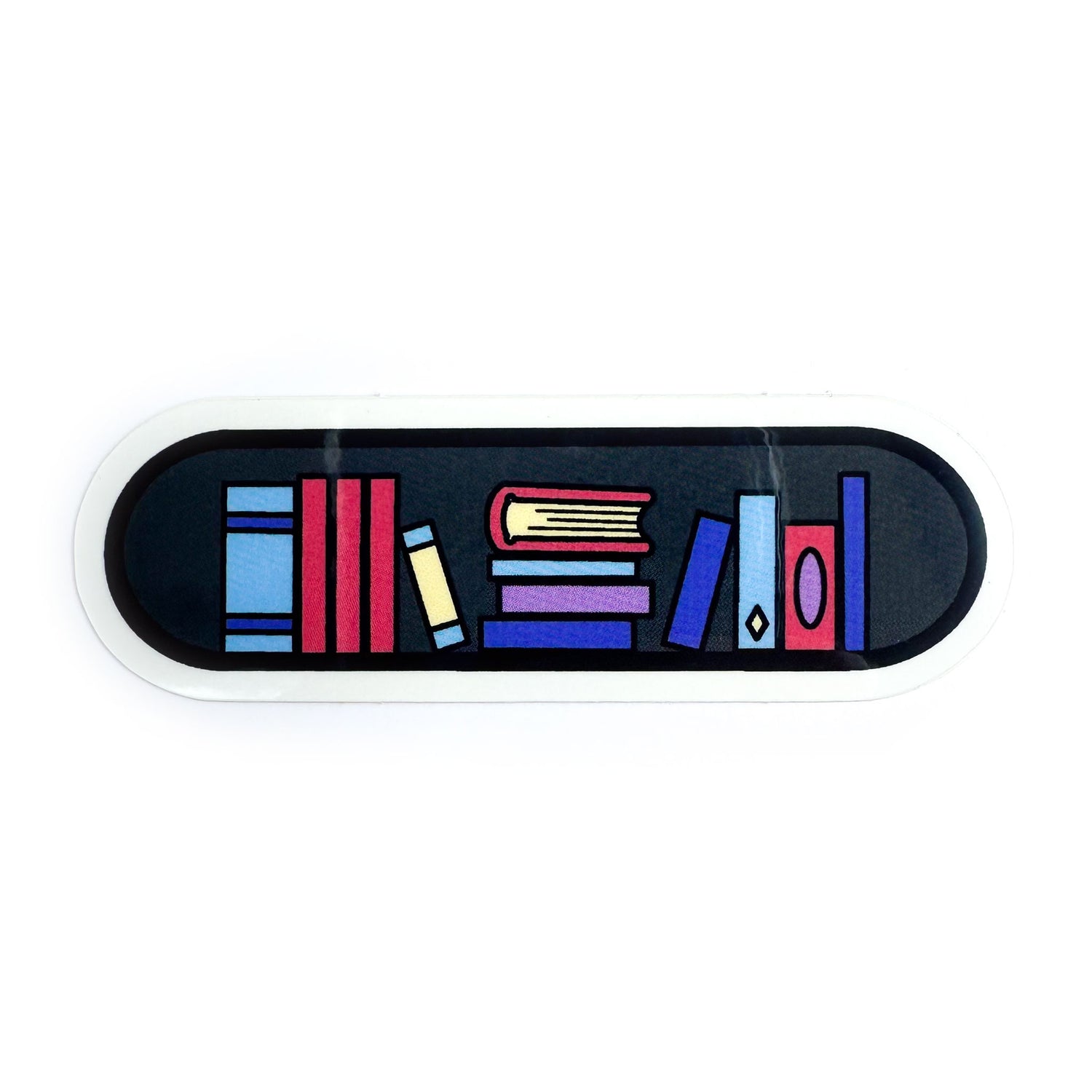 A capsule shaped sticker with an illustration to make it look like a bookshelf. 