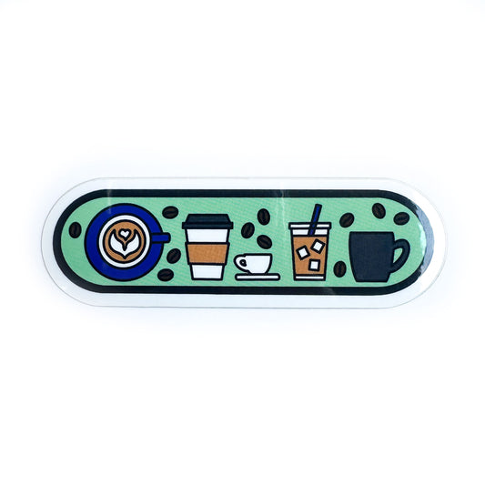 A capsule shaped sticker with illustrations of different coffee drinks on it including a latte with latte art, to-go hot drink, espresso cup, iced coffee and coffee mug. There are little coffee beans around these drinks.