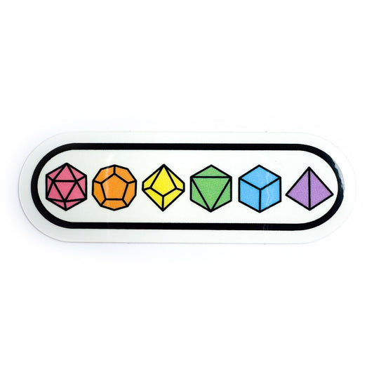 A vinyl sticker in the shape of a capsule with pastel rainbow illustrations of polyhedral dice on it.