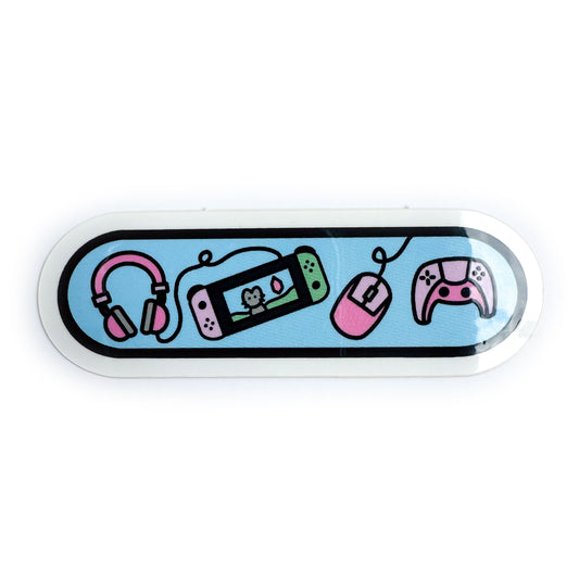A blue capsule shaped sticker with cute illustrations of video game controllers including a Switch, mouse, and PlayStation controller.