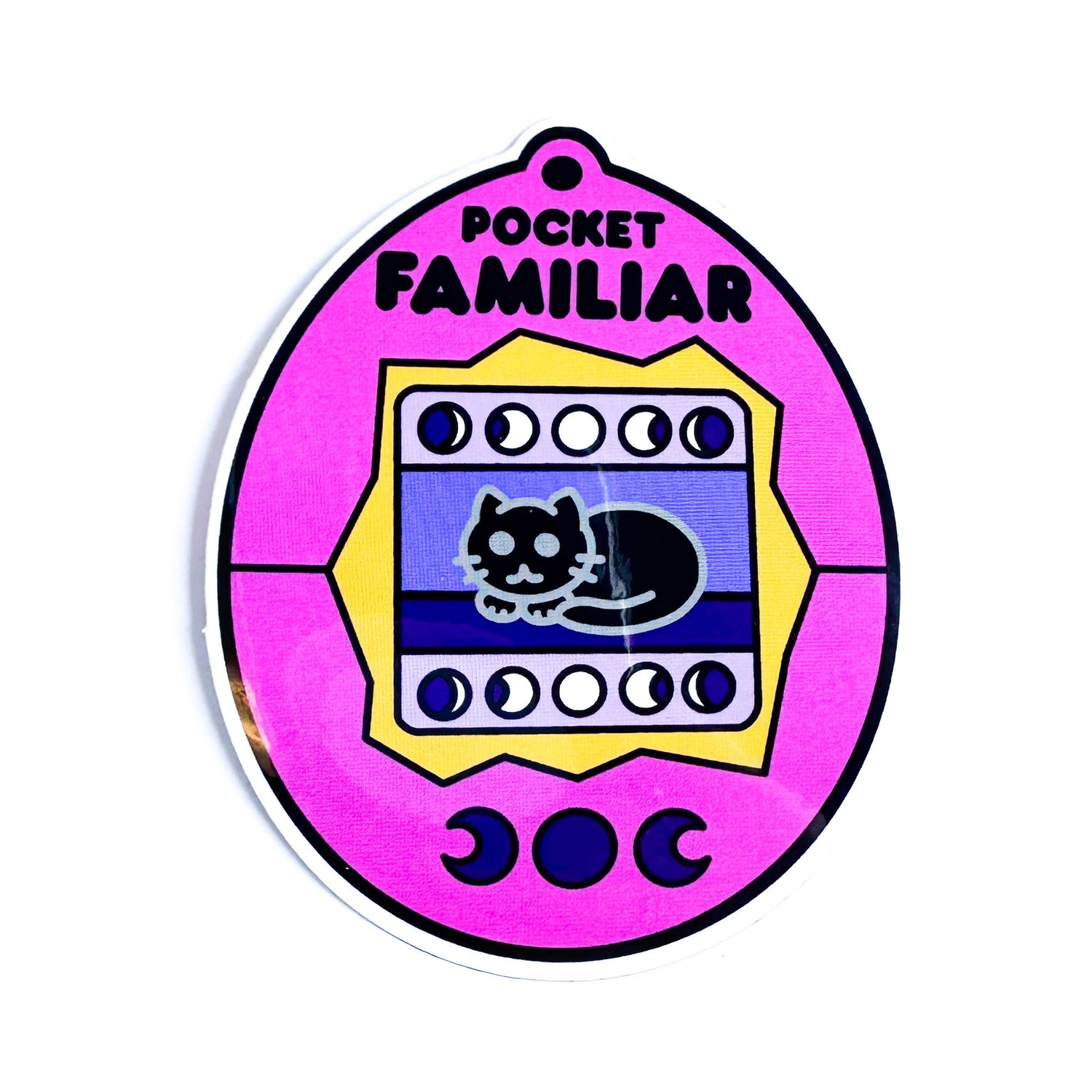 A sticker shaped like a Tamagotchi virtual pet with a black cat on the screen, the shell of the tamagotchi is pink.