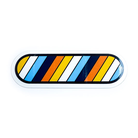 A bandaid shaped sticker in the colors of the Aroace Pride flag in diagonal stripes across it.