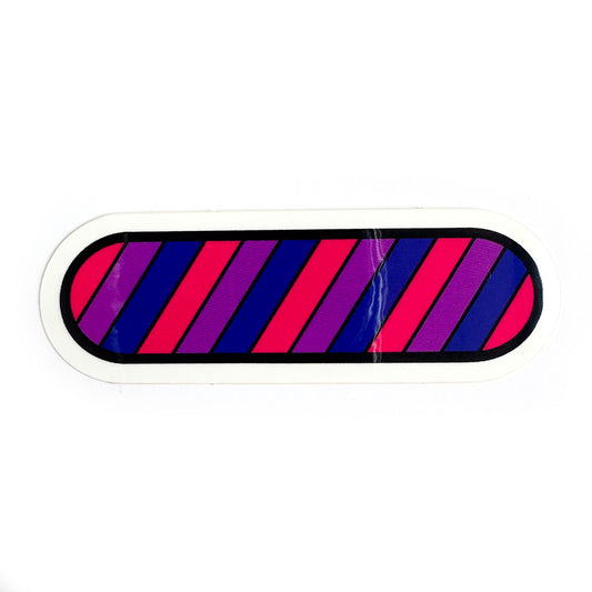 A capsule shaped vinyl sticker in the colors of the Bi Pride Flag.