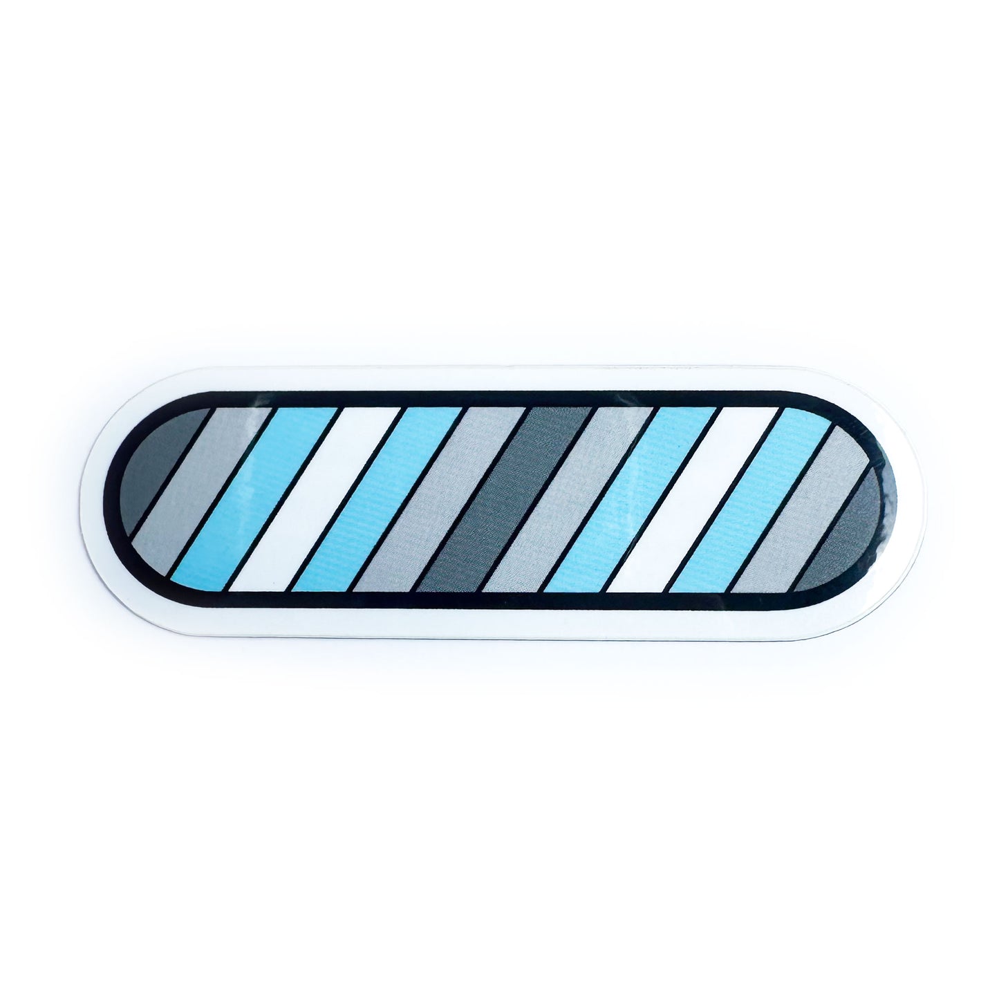 A capsule shaped vinyl sticker with diagonal stripes in the colors of the Demiboy Pride flag, grey, white and blue. 