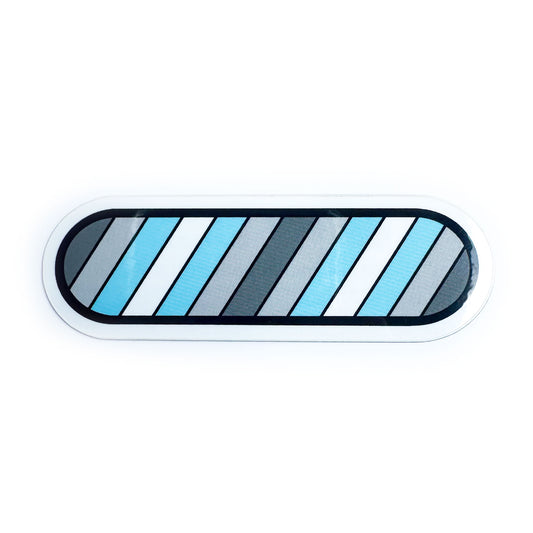 A capsule shaped vinyl sticker with diagonal stripes in the colors of the Demiboy Pride flag, grey, white and blue.