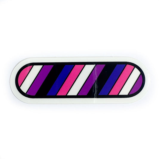 A sticker in the colors of the Gender Fluid Pride Flag, it's the shape of a capsule with diagonal stripes of pink, white, purple, black and blue.