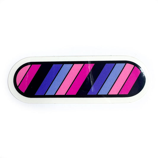 A capsule shaped sticker in the colors of the Omnisexual Pride Flag.
