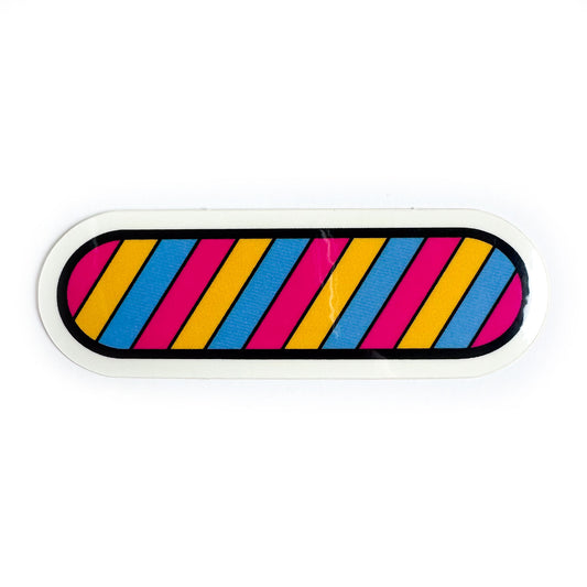A vinyl sticker in the colors of the Pan Pride Flag, pink, yellow and blue.