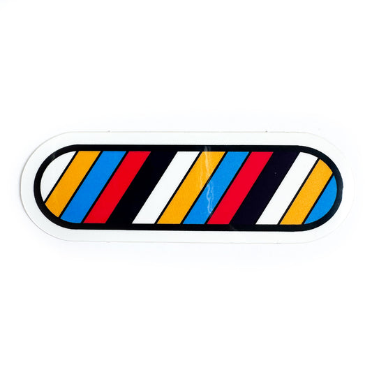 A vinyl sticker in the shape of an oval with the colors of the new Polyamory Pride flag in diagonal stripes across it.