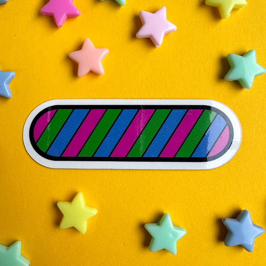 An oval shaped vinyl sticker in the colors of the polysexual pride flag which are pink, green, and blue.