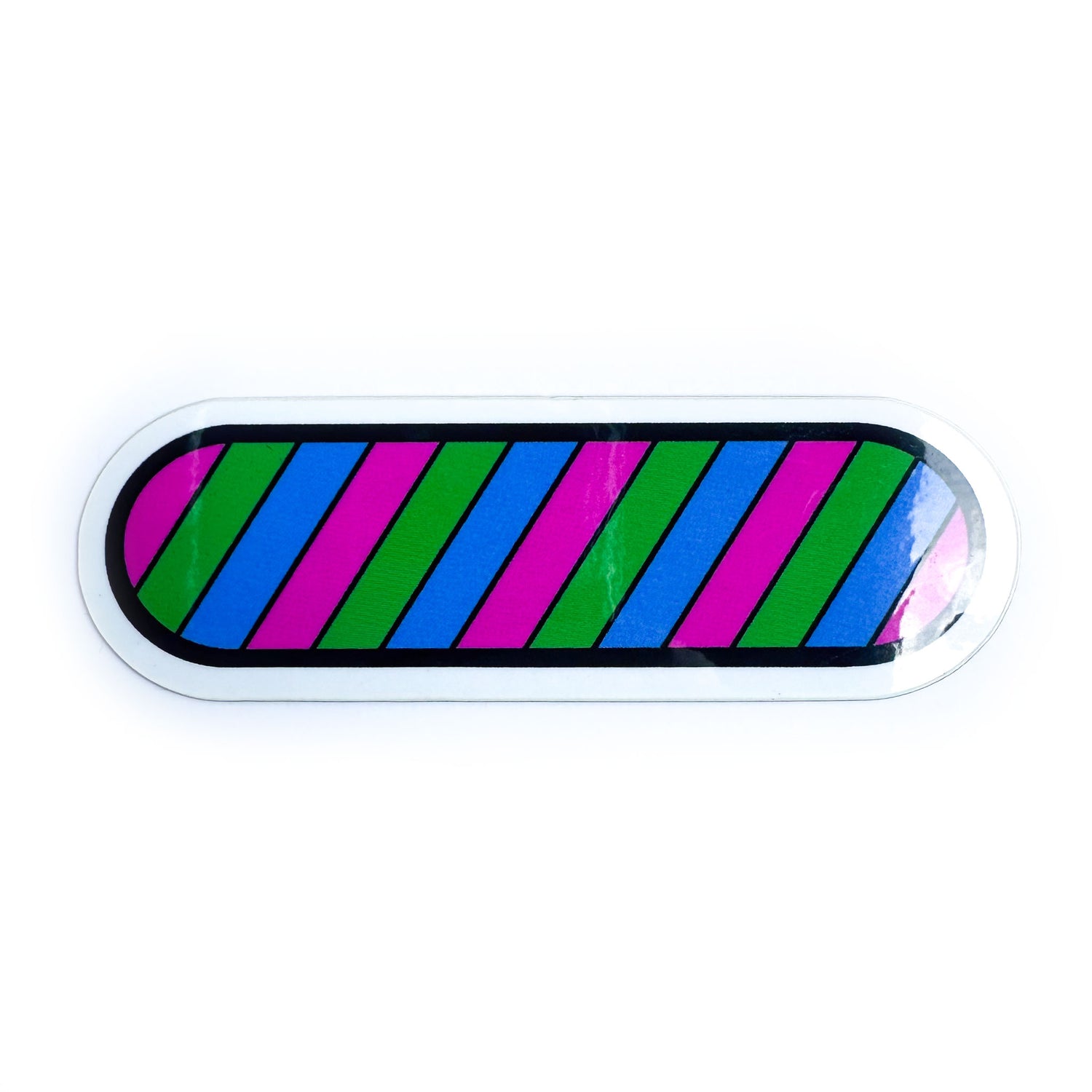 A capsule shaped vinyl sticker with diagonal stripes of the polysexual pride flag which are pink, green, and blue. 