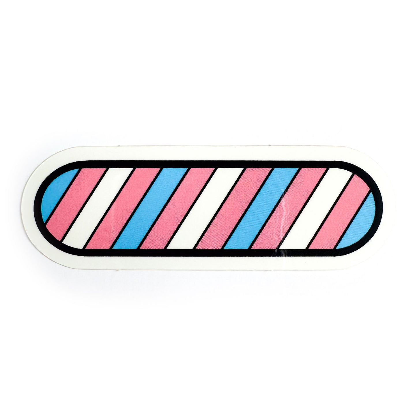 A capsule shaped sticker with the colors of the Transgender Pride flag in diagonal stripes, blue, pink, and white. 