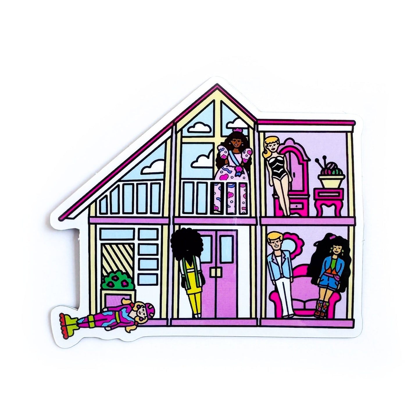 A sticker shaped like a Barbie DreamHouse in pinks and creams. There are various Barbie toys strewn about the house including the original bathing suit barbie, ken, birthday barbie, rollerblade barbie and more. 