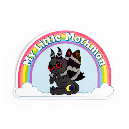 Sticker of a cartoon illustration of mothman turned with his butt towards you, his butt has a moon on one cheek. Above mothman is a rainbow with the words "My Little Mothman"