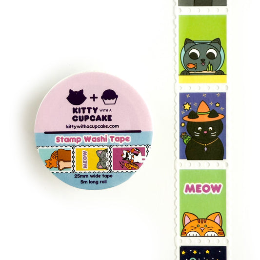 A roll of cat themed stamp washi tape. There is a packaged roll of tape with the Kitty With a Cupcake logo and an example of the tape inside. Beside that is a displayed section of the tape, which is sectioned into stamp-style squares.
