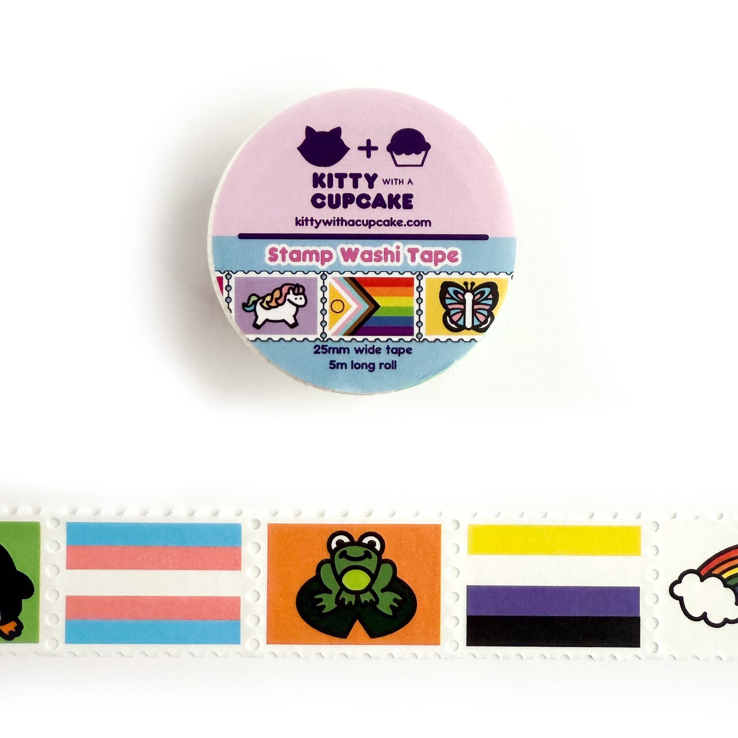 A roll of pride themed stamp washi tape. There is a packaged roll of tape with the Kitty With a Cupcake logo and an example of the tape inside. Below is a displayed section of the tape, which is sectioned into stamp-style squares.