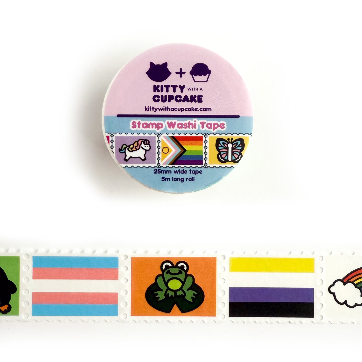 A roll of pride themed stamp washi tape. There is a packaged roll of tape with the Kitty With a Cupcake logo and an example of the tape inside. Below is a displayed section of the tape, which is sectioned into stamp-style squares.
