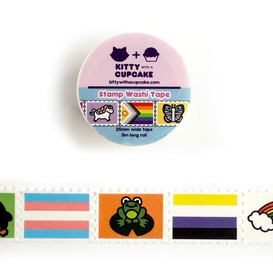 A roll of pride themed stamp washi tape. There is a packaged roll of tape with the Kitty With a Cupcake logo and an example of the tape inside. Below is a displayed section of the tape, which is sectioned into stamp-style squares.