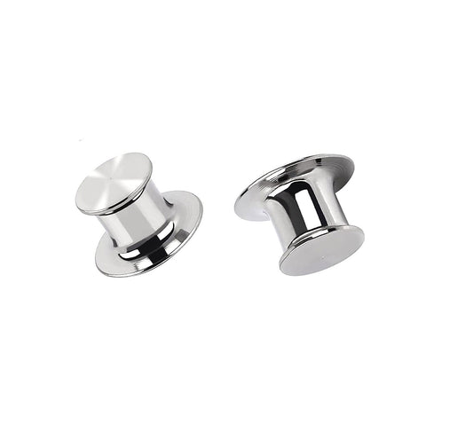 Two silver locking metal pin backs shaped like top hats.
