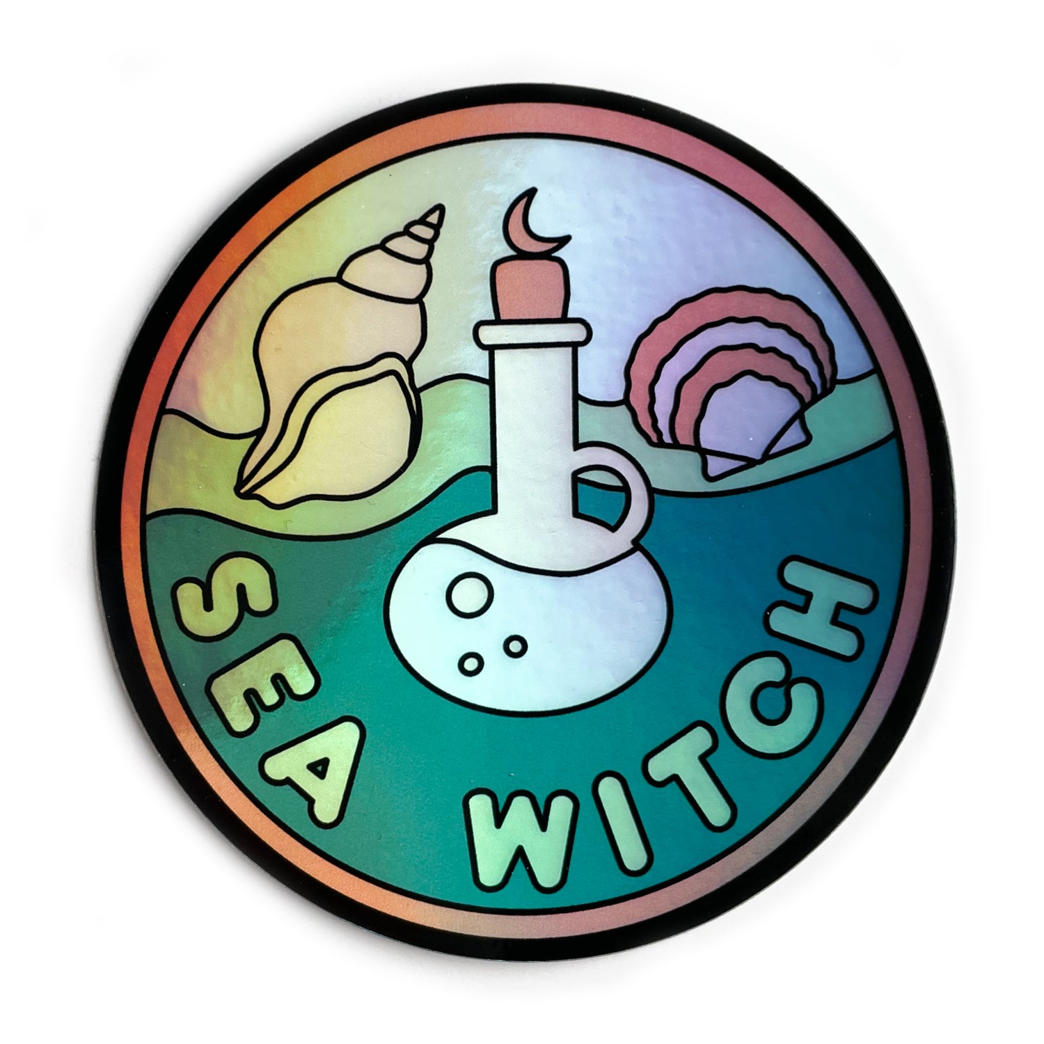A circular holographic sticker with a salmon border the words "Sea Witch" on it. It has a potion bottle with sea shells and waves in the background.