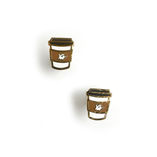 Stud earrings shaped like to-go coffee cups with sleeves on them with a picture of a cute ghost.