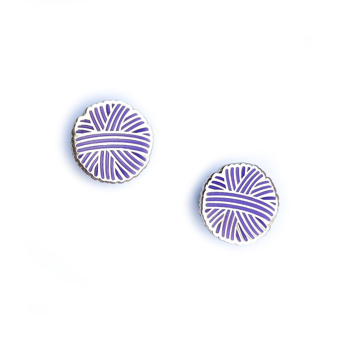Two identical stud earrings shaped like purple yarn balls