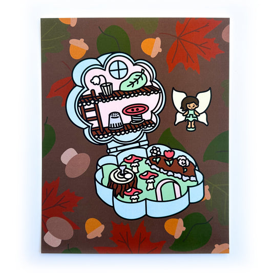 A print of an illustration of a Polly Pocket style toy with a tiny fairy doll and a flower compact fairy house. The background of the art features acorns, mushrooms and leaves.