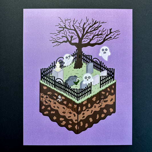 A rectangular print of a floating graveyard. The graveyard has an iron fence, gravestones, a bare tree, and three ghosts. The background of the print is purple.