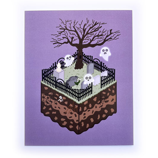 A rectangular print of a floating graveyard. The graveyard has an iron fence, gravestones, a bare tree, and three ghosts. The background of the print is purple.