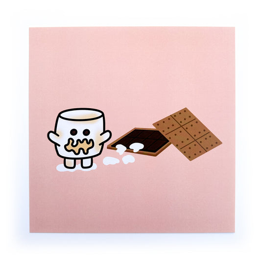 A square print of a marshmallow monster walking out of a graham cracker and some chocolate, it's a take on s'mores. The background of the print is salmon.