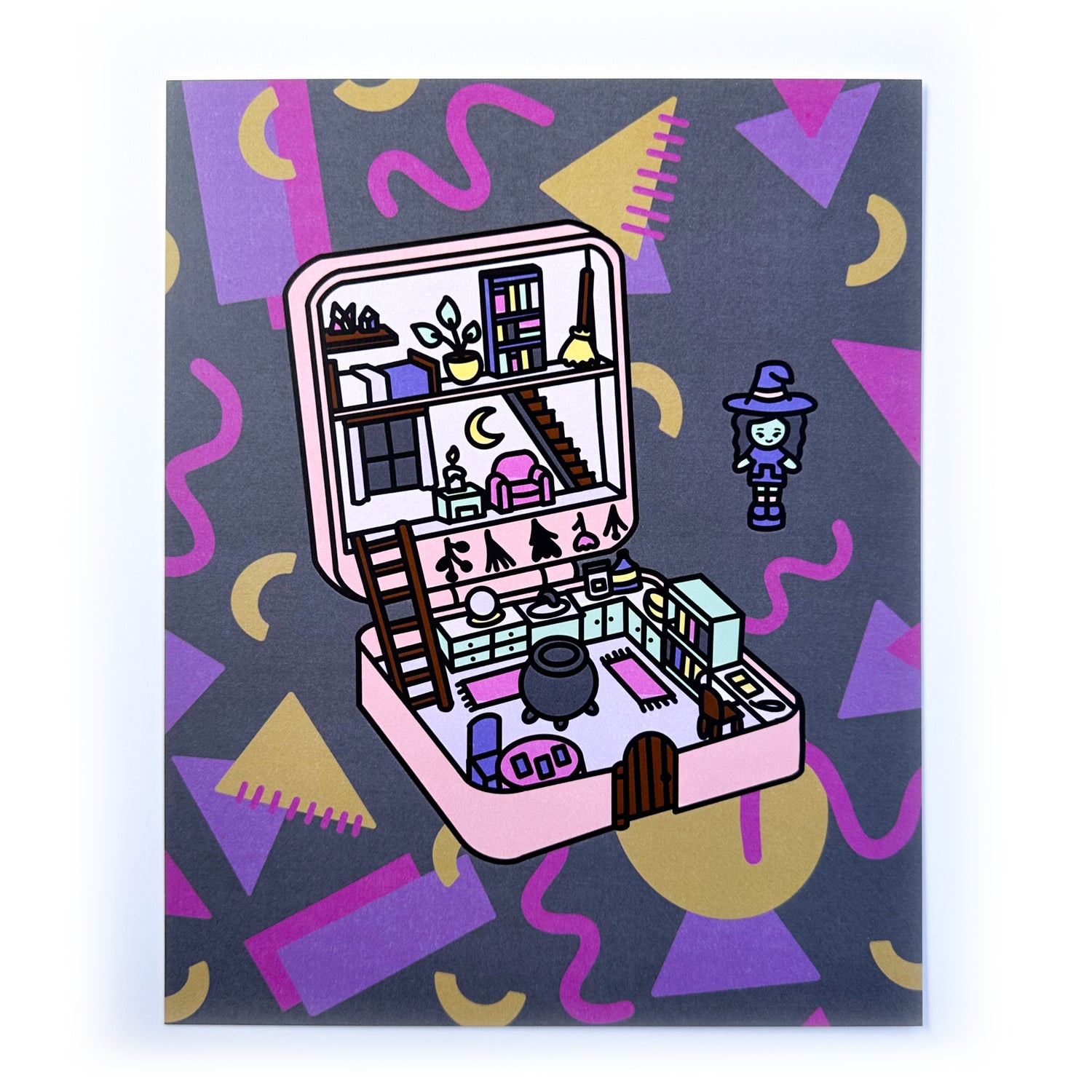 A print of an illustration of a Polly Pocket style toy of a little witch doll and her little witch house. There is a background of squiggles and shapes reminiscent of 90's arcade floor in fun purple and pink colors in the background. 