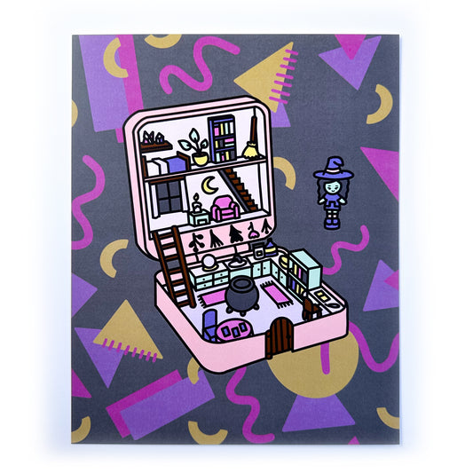 A print of an illustration of a Polly Pocket style toy of a little witch doll and her little witch house. There is a background of squiggles and shapes reminiscent of 90's arcade floor in fun purple and pink colors in the background.