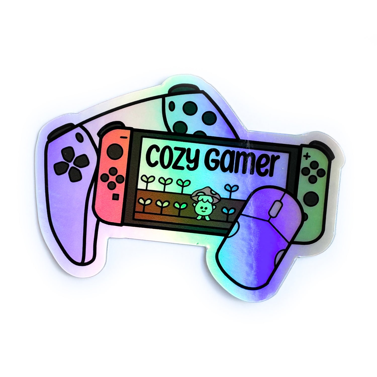 A holographic sticker on a white background shaped like a Nintendo switch, playstation controller and mouse that reads "Cozy Gamer"