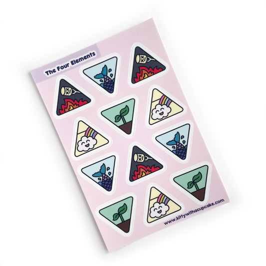 A sticker sheet with a pink background with different triangle stickers with different cute representations of the elements on it. There is a marshmallow roasting over a fire, a mermaid tail diving into water, a happy cloud with a rainbow, and a plant sprout coming out of the earth. 
